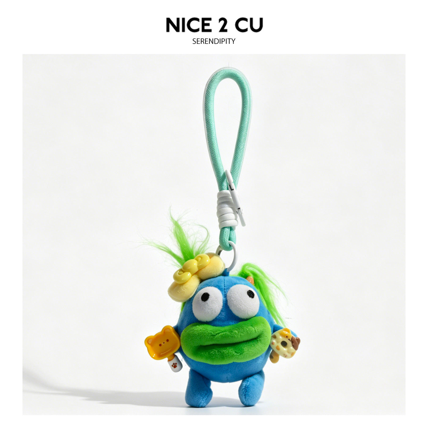 Blue kawaii frog plush keychain charm with yellow bow head decoration and mint green loop strap