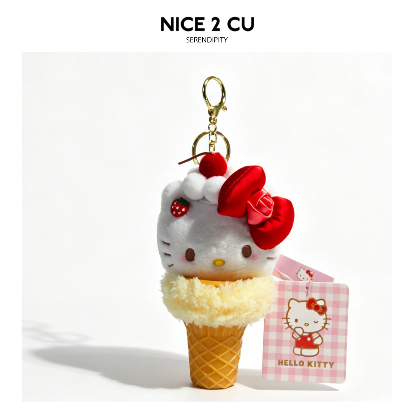 Hello Kitty strawberry ice cream cone plush keychain charm with red satin bow, cherry topper, and gold lobster clasp