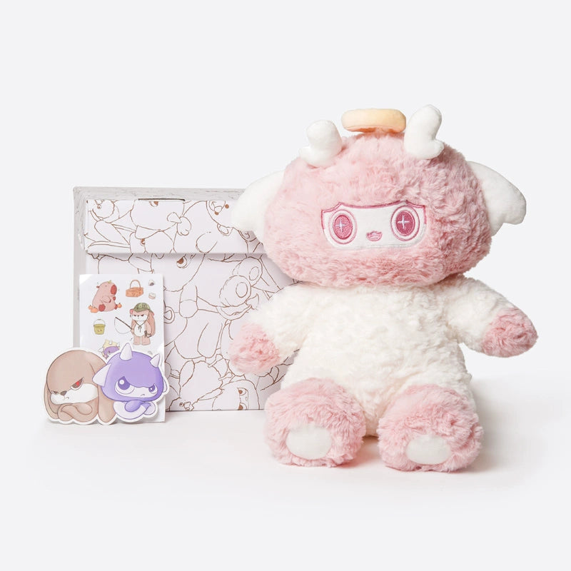 The ZEIO Angel Lamb Plush Toy 30cm, a soft cherubic sheep with halo and wings, sits before a decorative box, accompanied by character stickers on a white background.