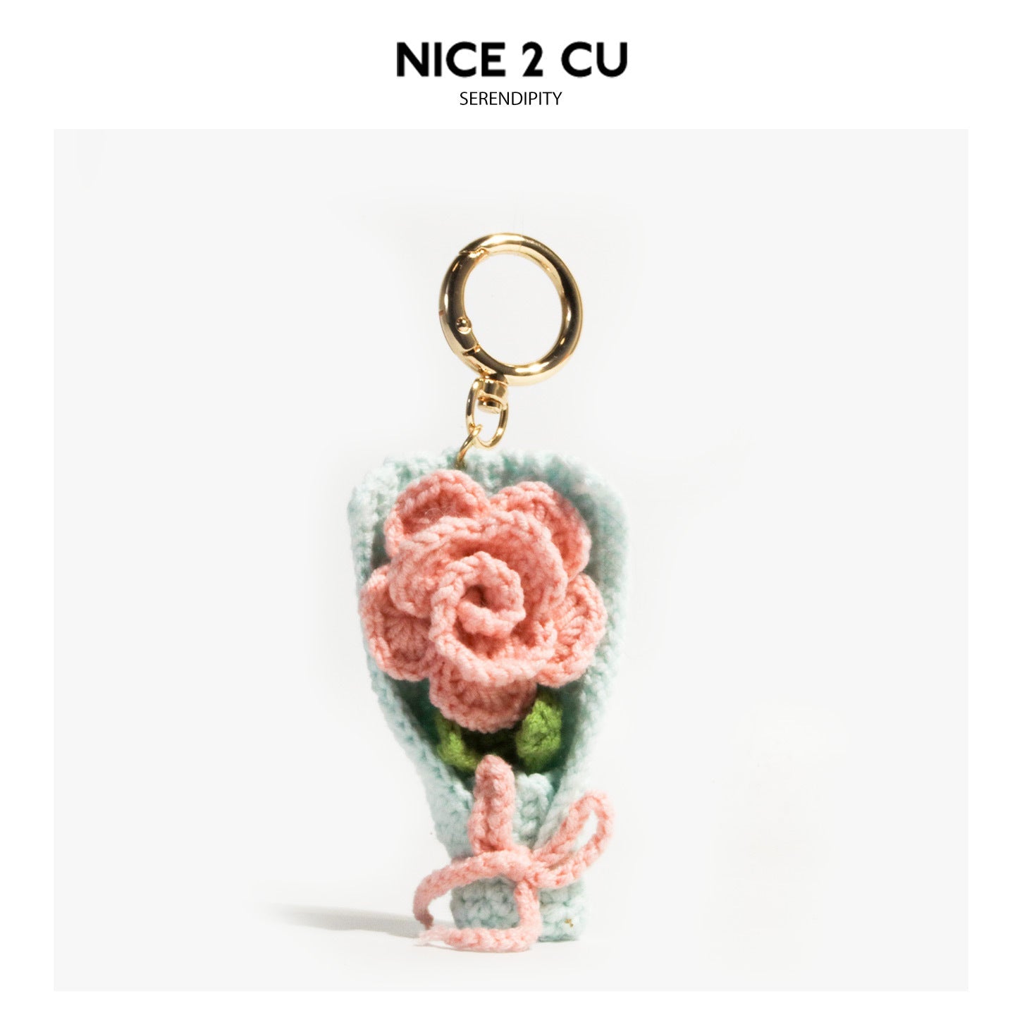 Crochet peach-pink rose bouquet charm with mint-blue wrapping cone and gold-tone keyring