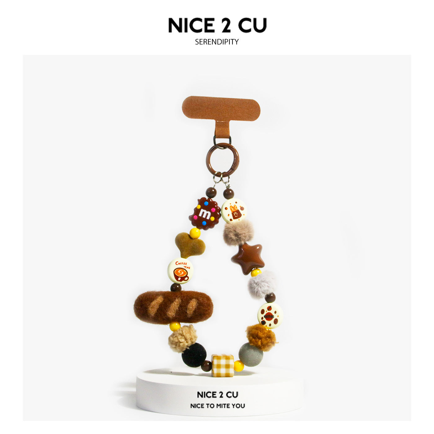 Kawaii hot dog felted charm phone wrist strap with pom-pom beads and gingham cube bead on a brown loop chain