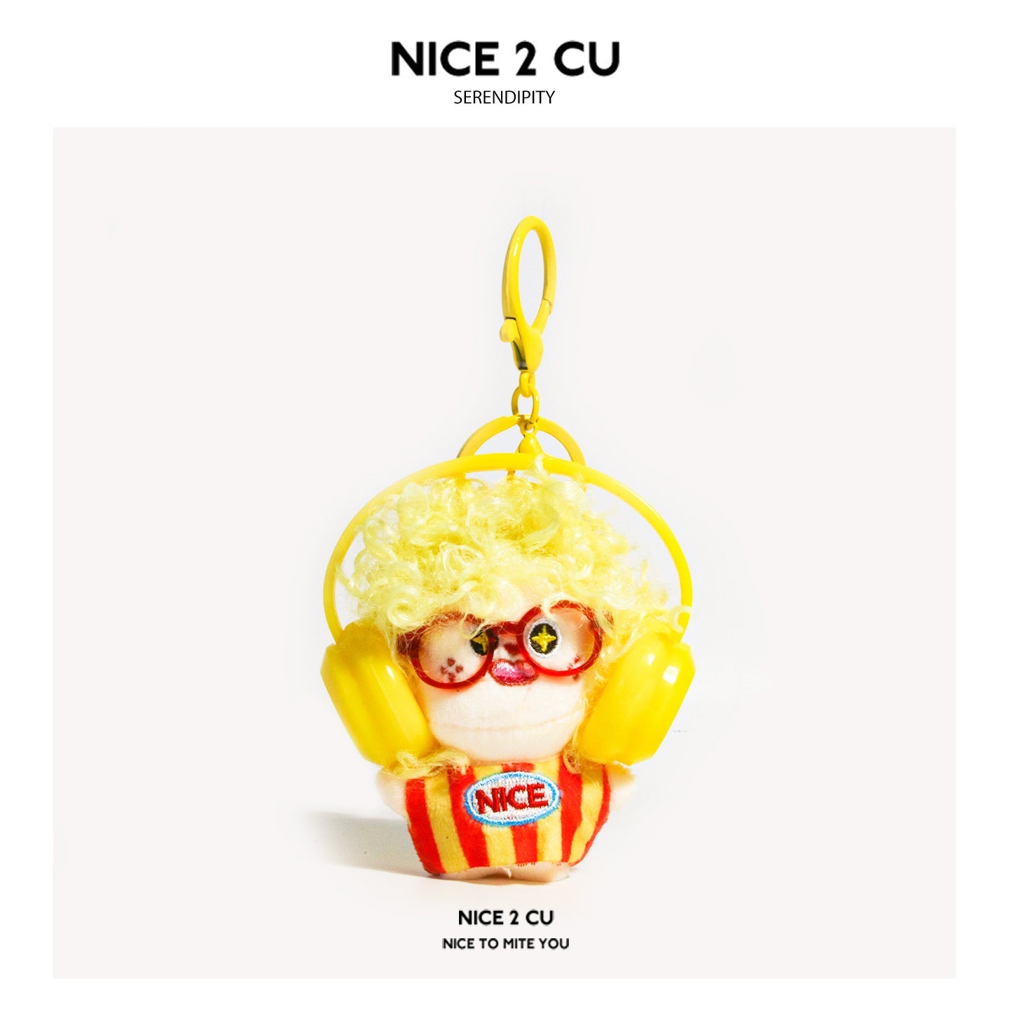 Pale yellow curly-hair plush doll keychain with red glasses, yellow headphones, and NICE patch, red-yellow striped outfit