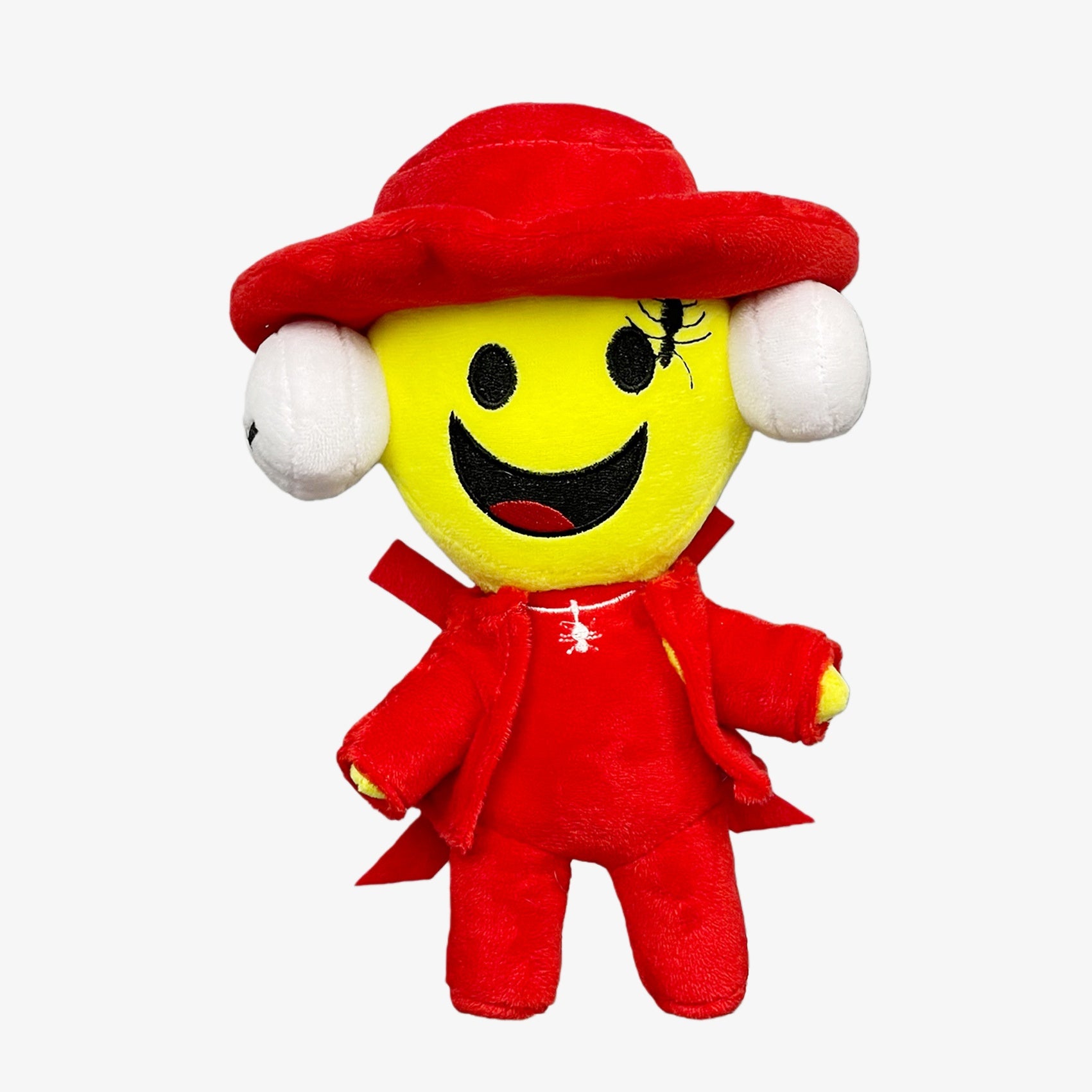 The Steal a Brainrot Inspired Red Outfit Character Plush Toy is a 9.4-inch collectible doll featuring a smiling yellow face, hat, ear pads, red costume, and stands upright—perfect for fans of this soft stuffed cartoon figure.