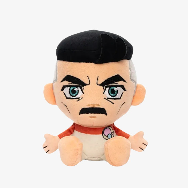 The ZoDoll Invincible Animated Series Plush Toy Collection features a soft 18x20cm Omni-Man doll with a large head, black hair, mustache, angry look, red and cream outfit with chest logo, sitting upright.