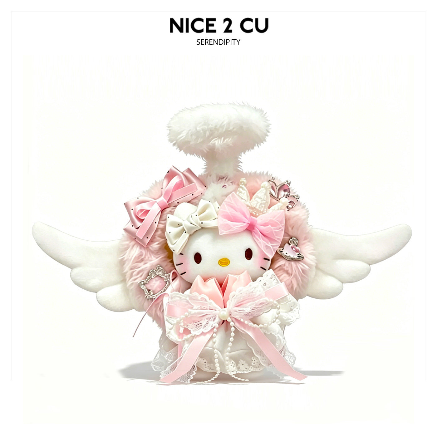 Hello Kitty plush figure with large white angel wings, halo-style top, and pink-and-white bow and lace details