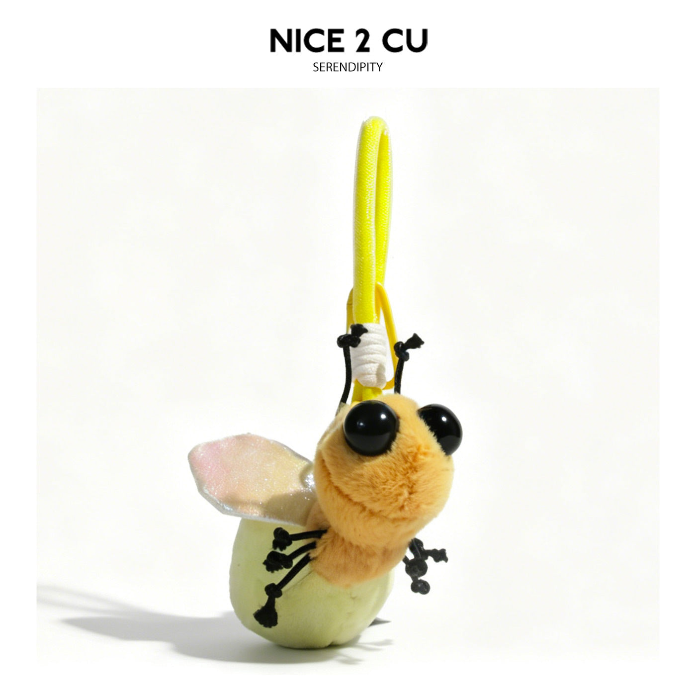 Orange and pale green firefly plush keychain with large black eyes and small wings