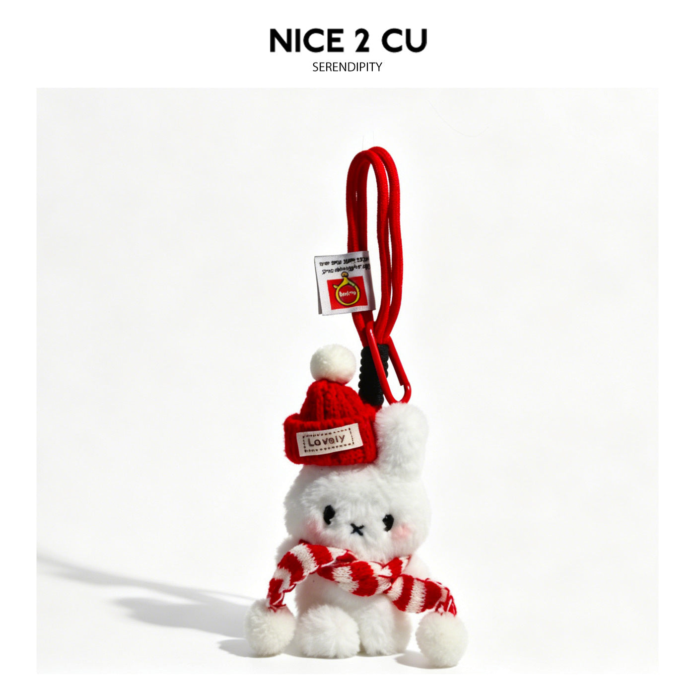 White plush bunny pendant charm with a red knitted hat, white pom-pom, and red-and-white striped scarf