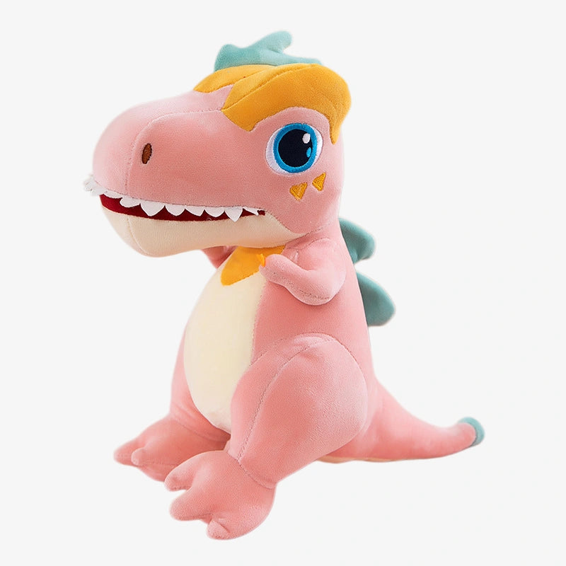 The ZoDoll T Rex Plush Dinosaur Soft Stuffed Animal Toy, available in 40cm and 50cm, features pink fabric with orange and green accents, blue eyes, and white teeth. It sits upright on a white background.