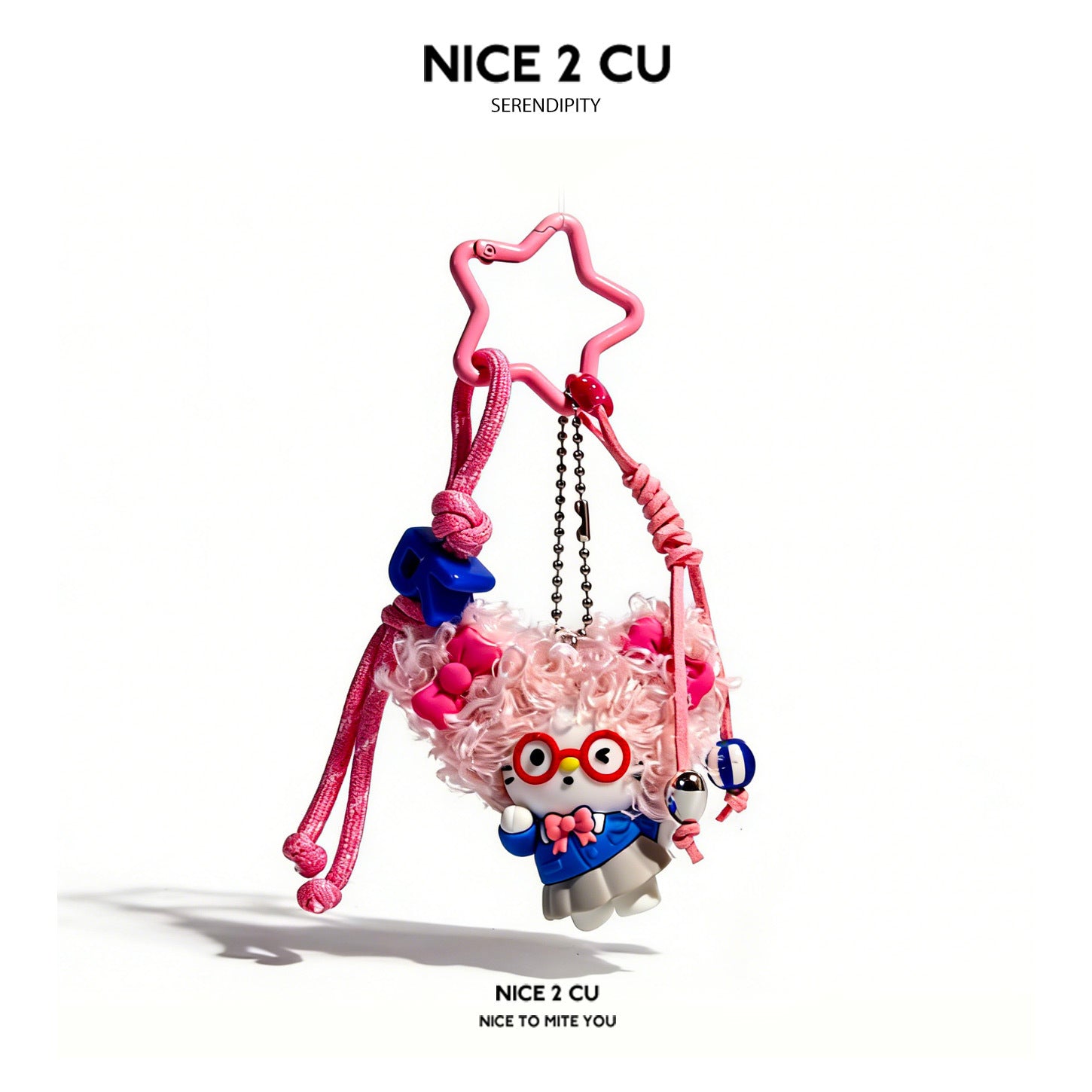 Pink star-hanger hanging character charm with fluffy pink hair, red glasses, and blue outfit