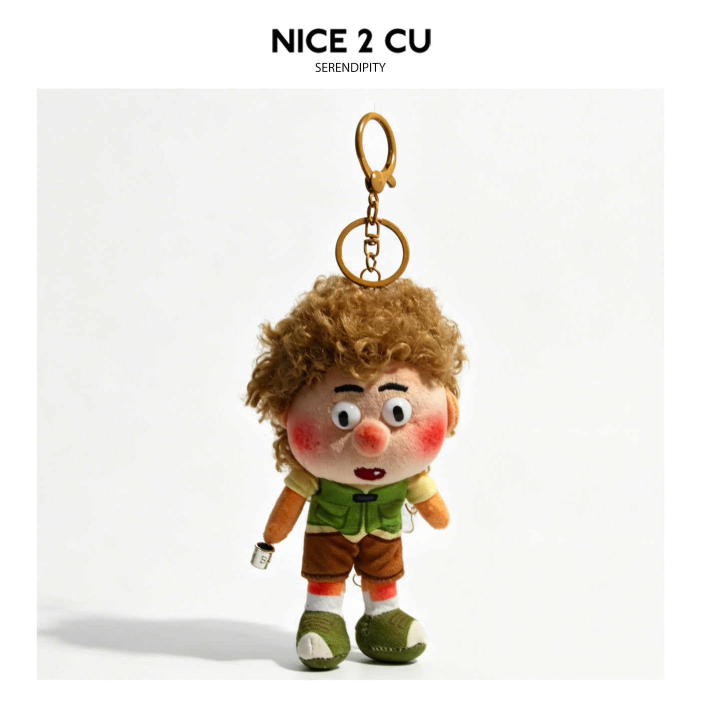 Light brown curly-hair freckled boy plush doll keychain wearing green vest and brown shorts