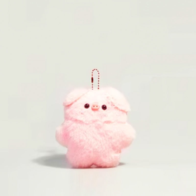 Plain pink plush pig keychain with no accessories, silver lobster clasp and split ring