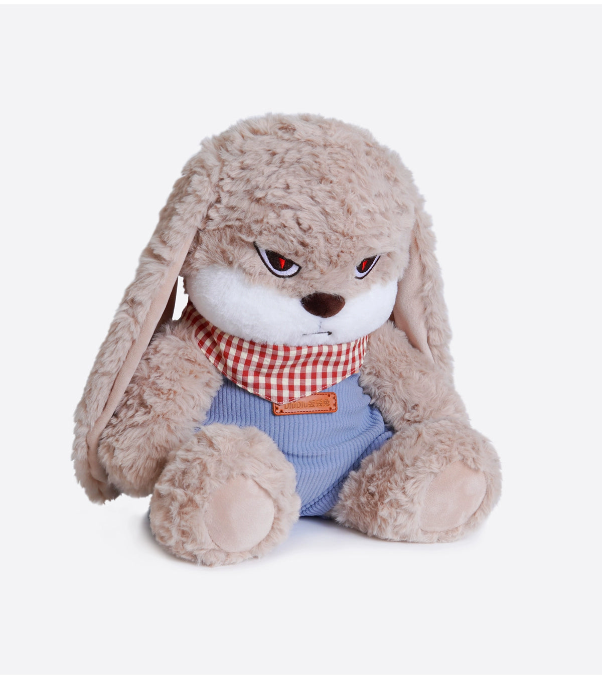 The ZEIO Bunny Plush Toy 33cm features expressive eyes and soft overalls, sitting upright with a serious look—ideal as charming nursery decor against a simple background.