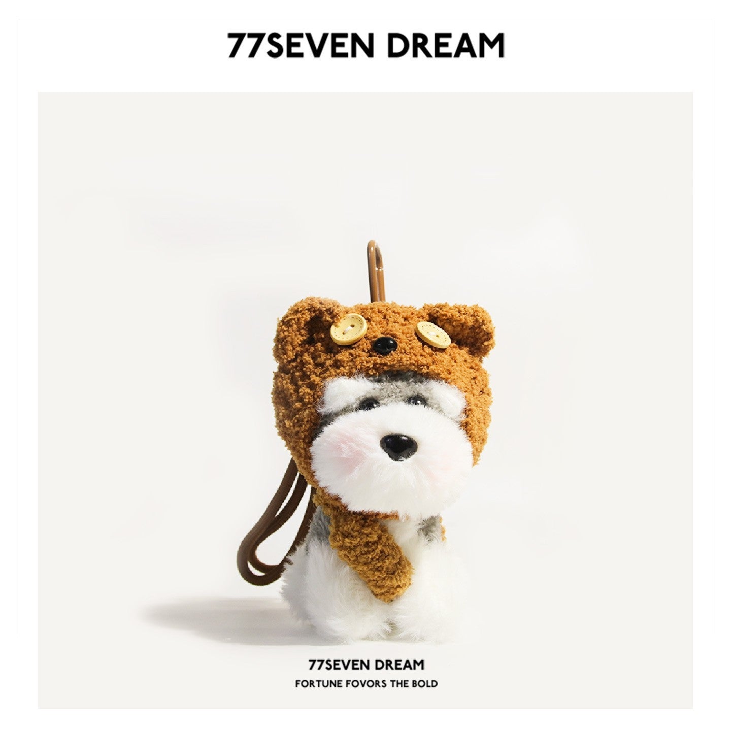 Schnauzer plush keychain charm wearing a brown bear-themed hood with rounded ears and button eye details