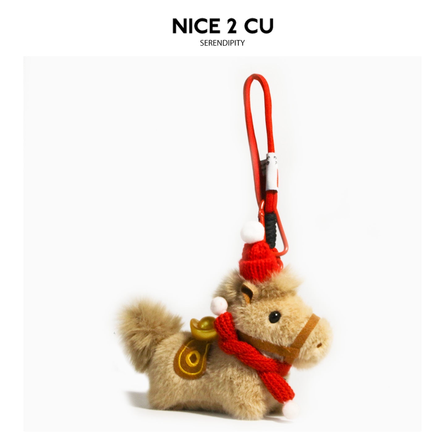 Plush brown horse bag charm with solid red knitted scarf, white pom-pom beanie, and red hanging loop on white background