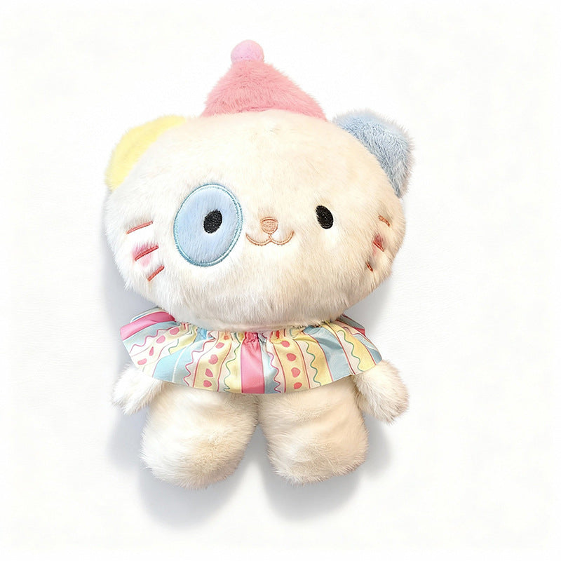 The ZoDoll Adorable 8.7" Cute Cat Plush Toy—a soft, kawaii kitten stuffed animal with random eye color—features pastel ears, a pink party hat, and a multicolored collar, making it perfect for any collection.