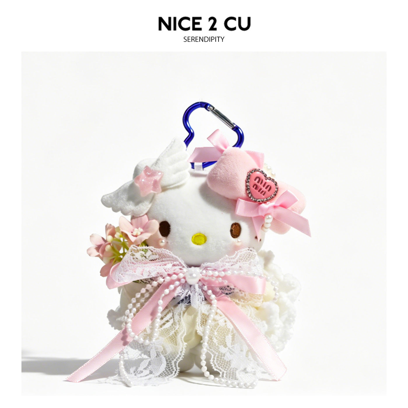 Kawaii cat plush charm with straw hat, large pink bow, pearls, and layered pastel dress