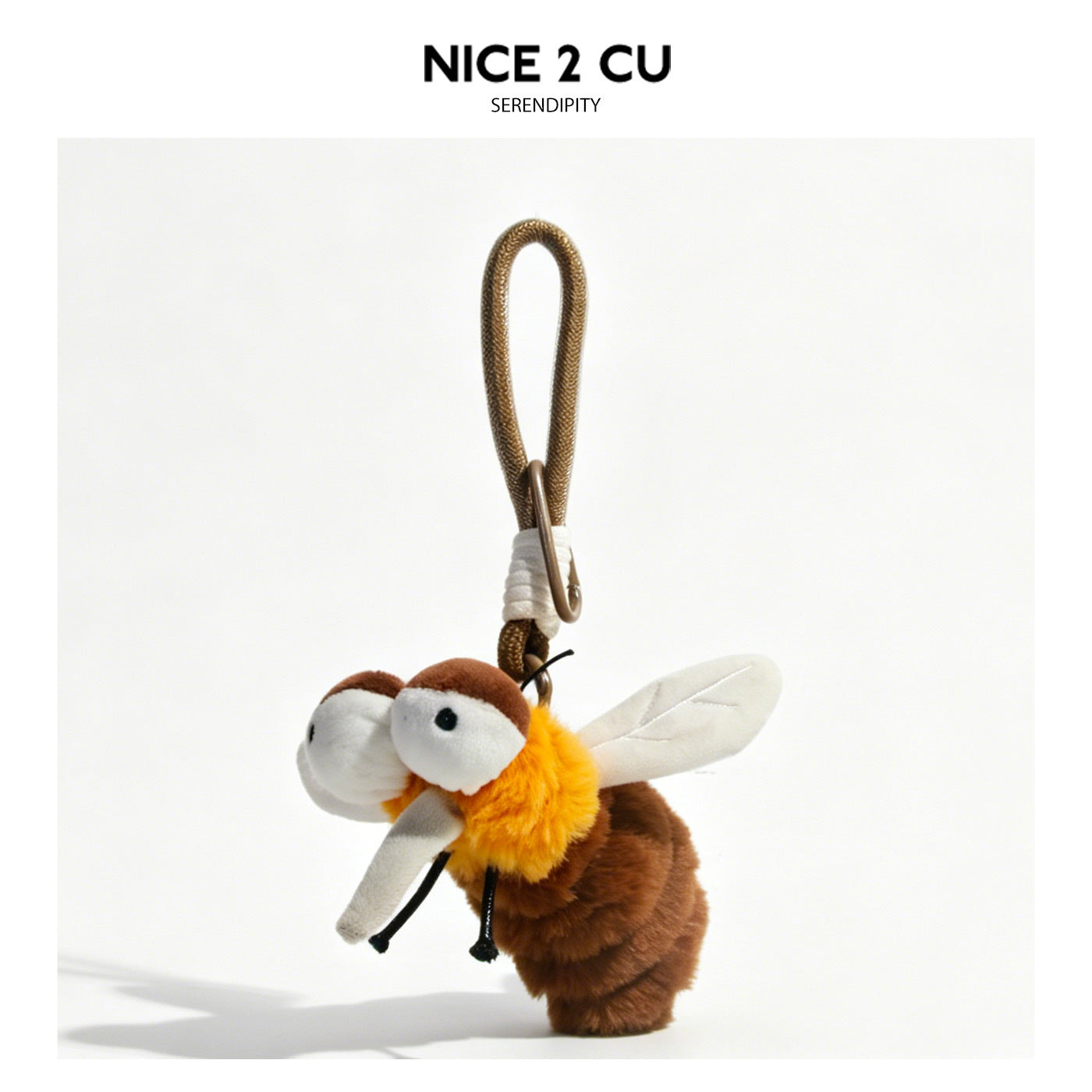 Brown and white mosquito plush keychain charm with white wings and orange collar detail