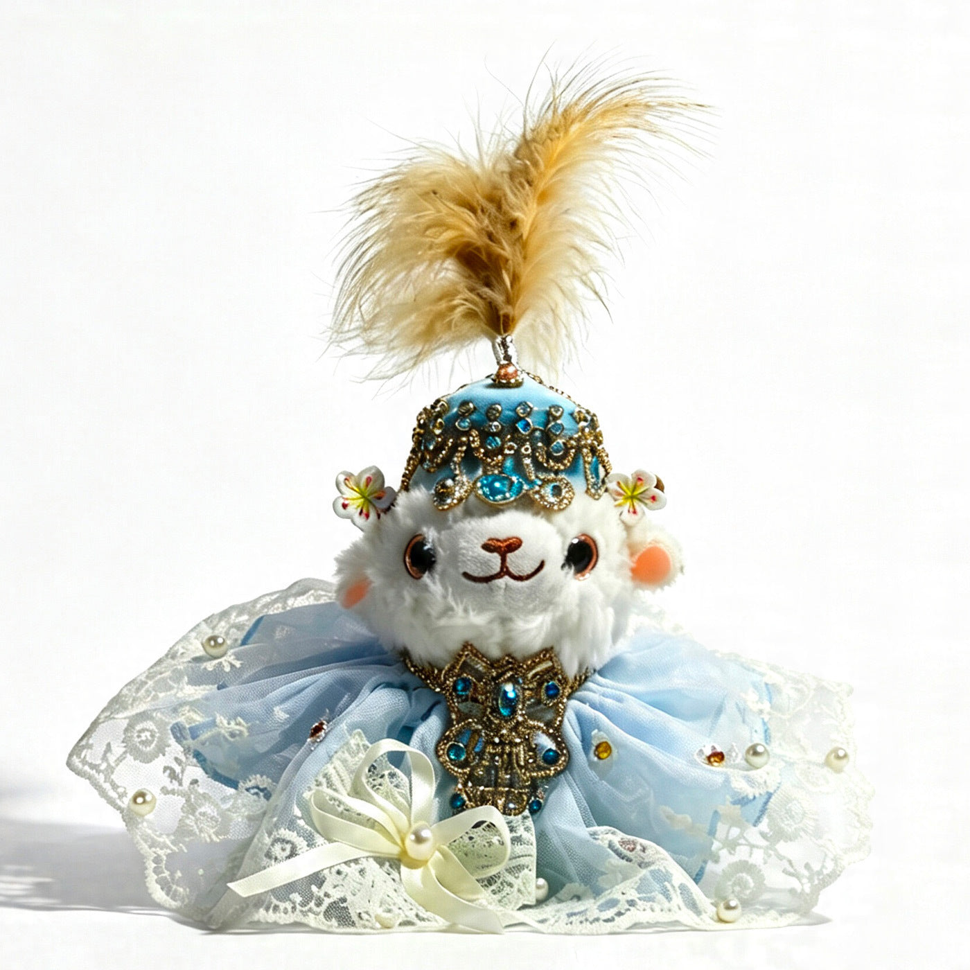 Plush lamb figurine in pale blue lace dress with blue jeweled cap, white feather topper, and ribbon bow