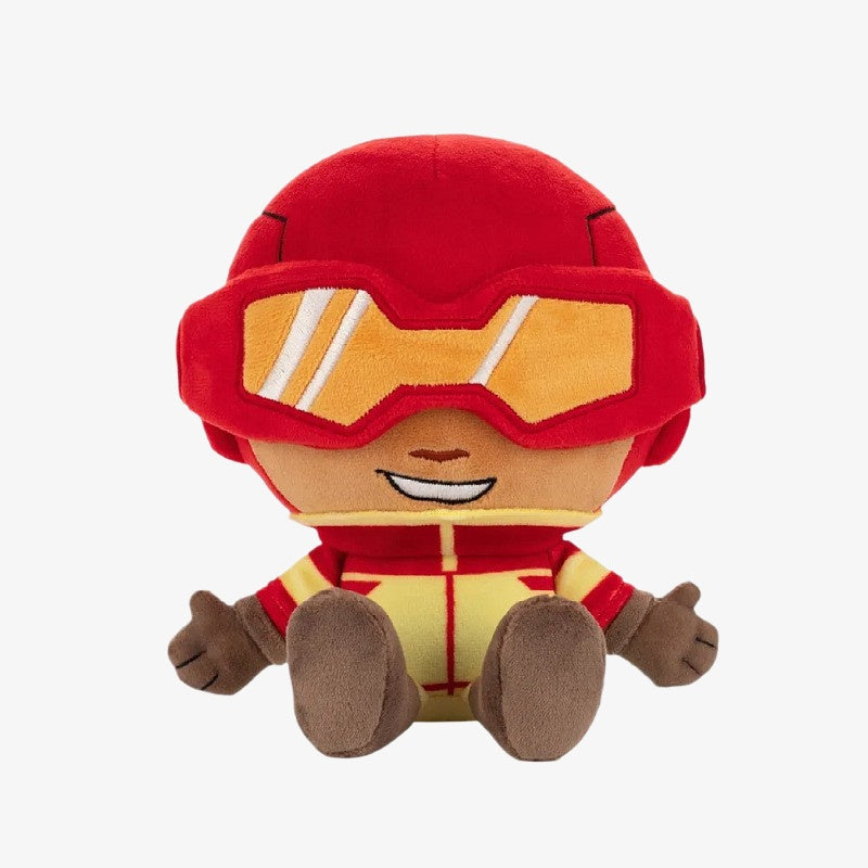 The ZoDoll Invincible Animated Series Plush Toy Collection features an 18x20cm soft superhero doll with a red helmet, red and yellow visor, and suit, sitting with arms out and smiling.