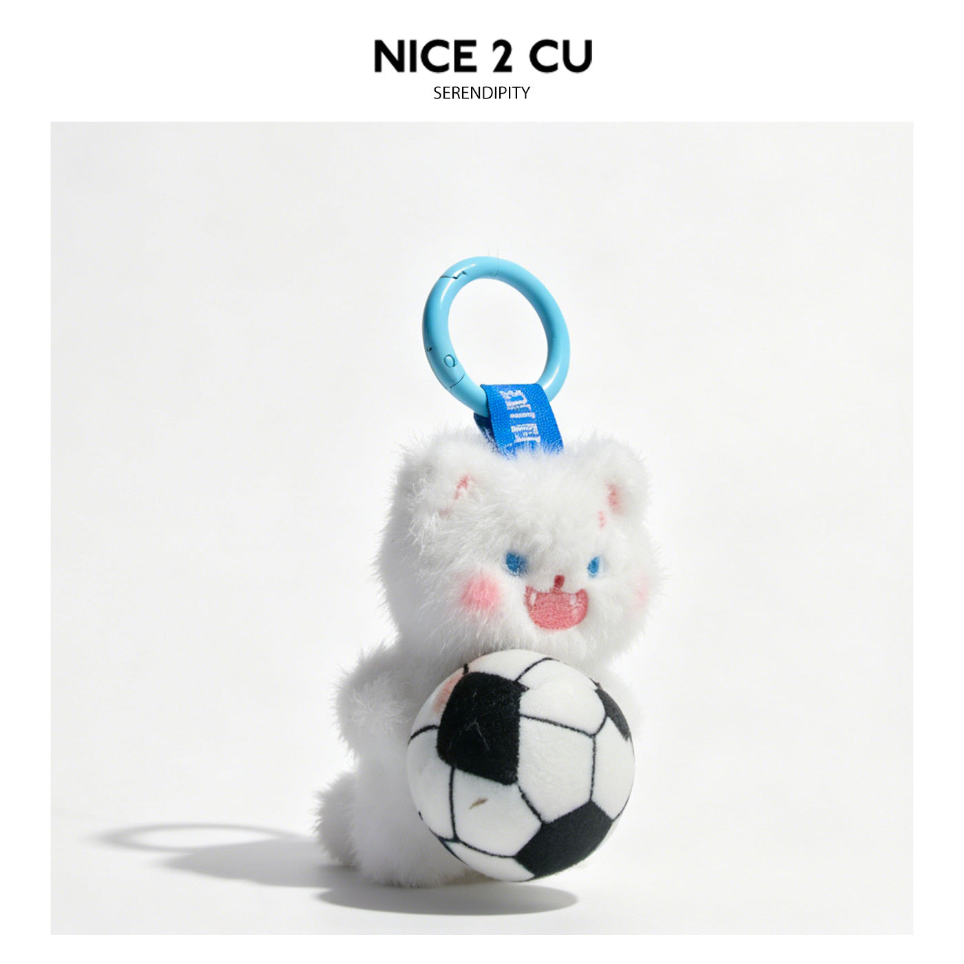 White kawaii cat plush keychain with soccer ball and light blue carabiner ring