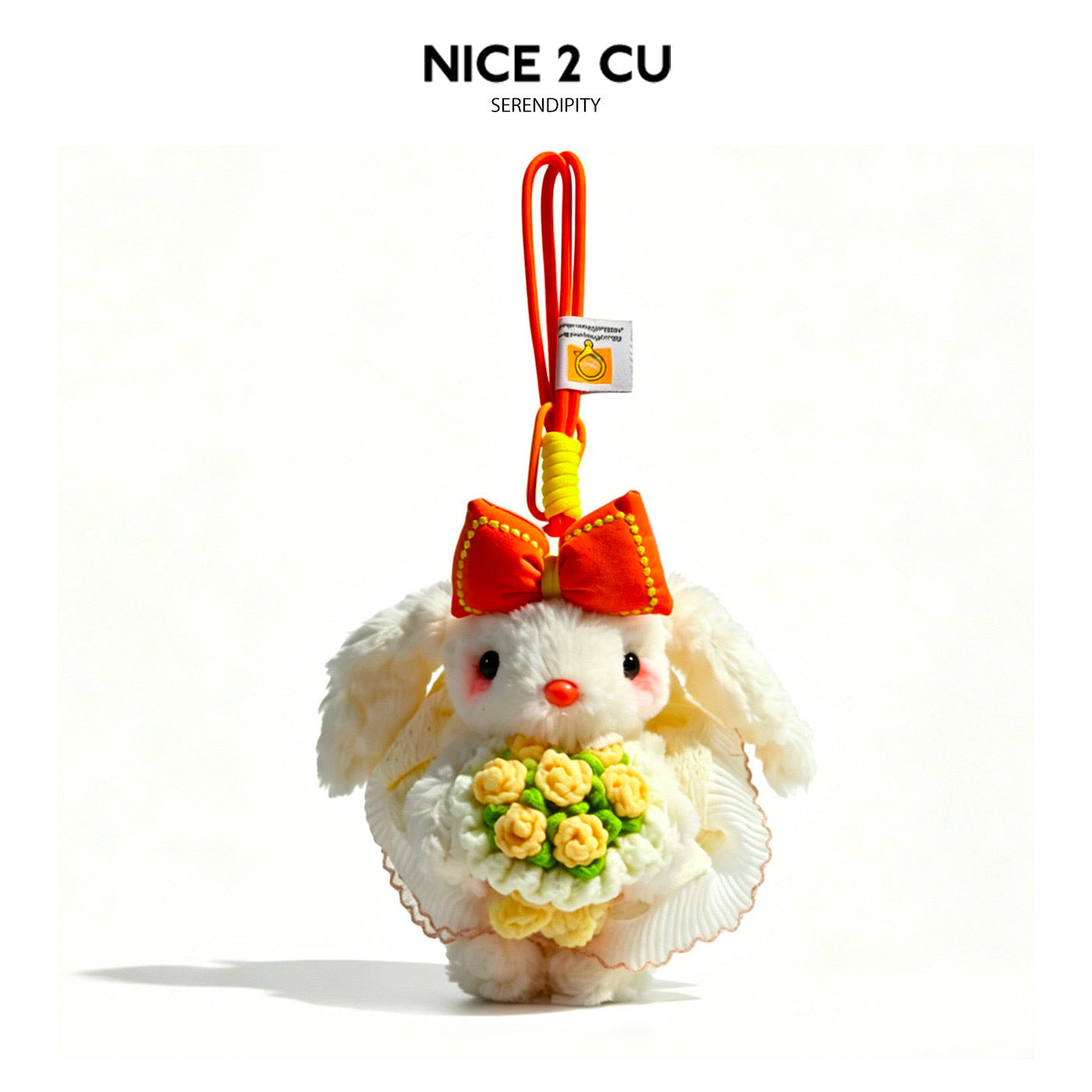 White bunny plush keychain with orange bow, orange-red braided cord, and yellow-green crochet bouquet