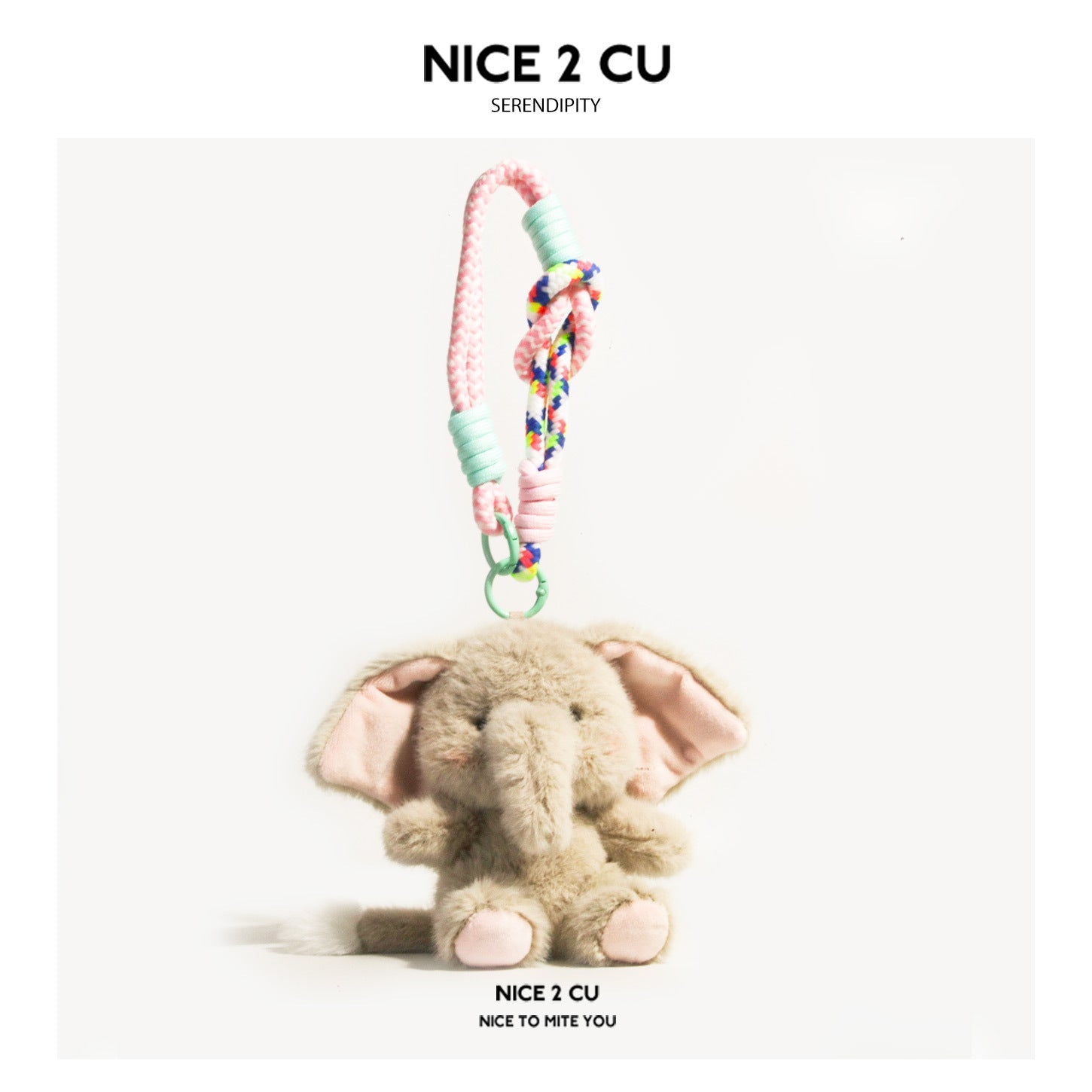 Brown beige plush elephant charm without bib on a decorative mint-green and multicolor rope strap