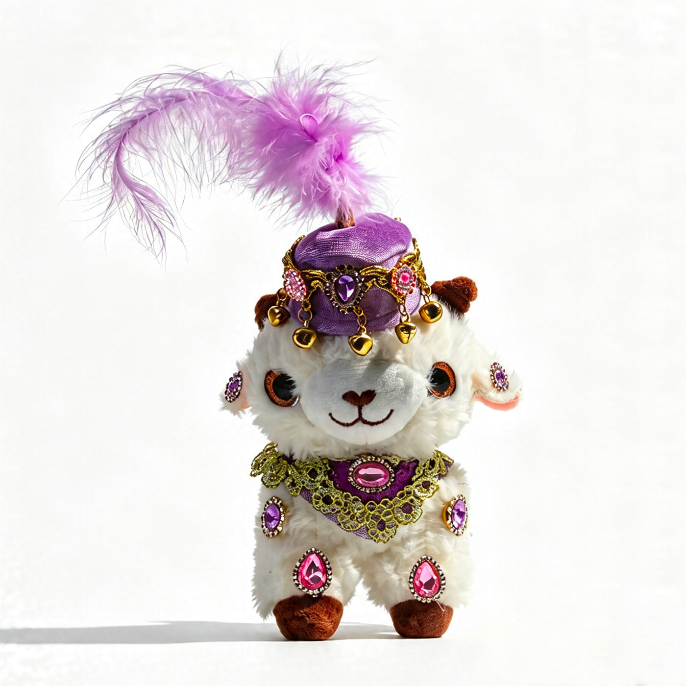 Plush lamb figurine in purple outfit with pink feathered hat, gold chain embellishments, and bell charms