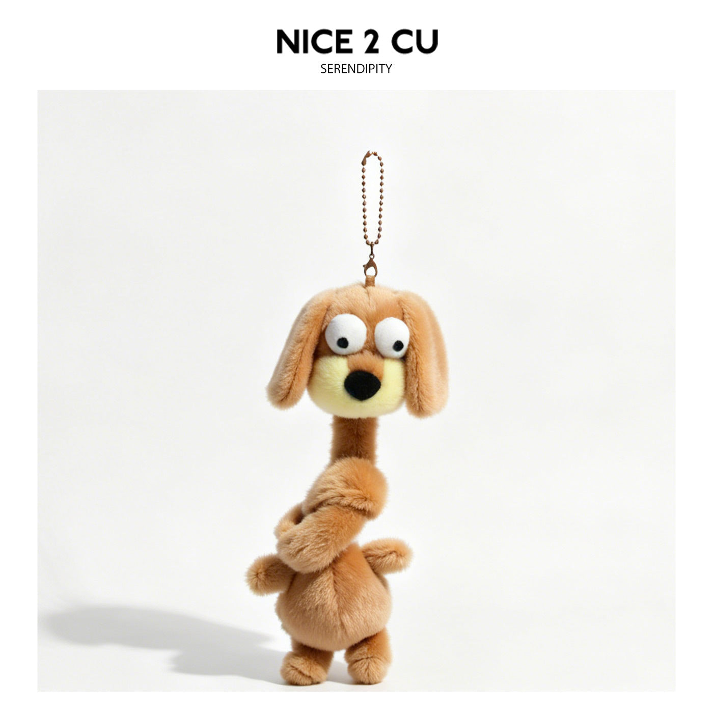 Tan caramel dachshund plush keychain charm with comically long neck and googly eyes on metal ball chain