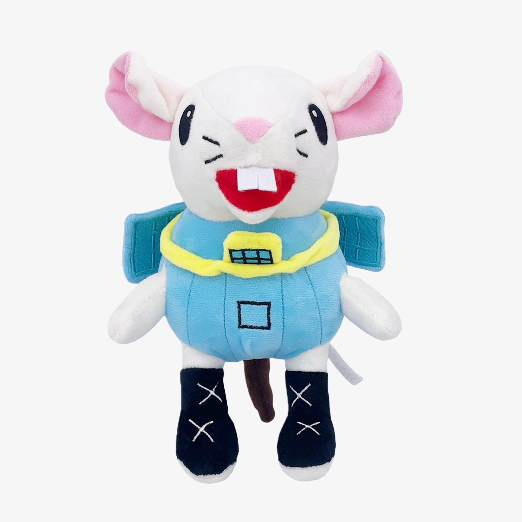 The Steal a Brainrot Inspired Astronaut Mouse Plush Toy is a 9.1-inch collectible stuffed cartoon mouse in a space suit with backpack, featuring pink ears, blue outfit, yellow collar, black boots, and photographed on a plain white background.