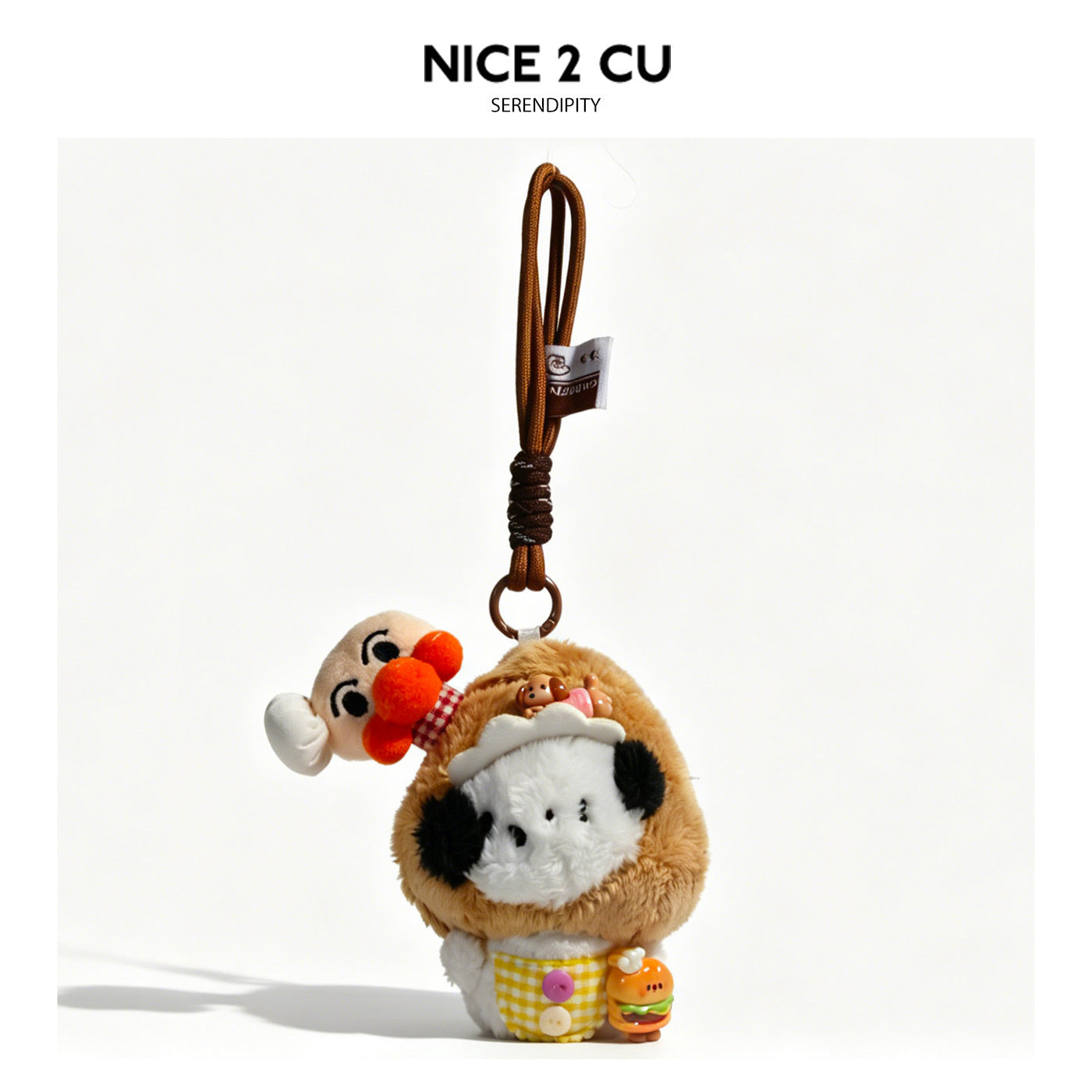 Kawaii plush bag charm featuring a round chef dog in white hat and yellow gingham apron holding a mini burger, with a bread-f