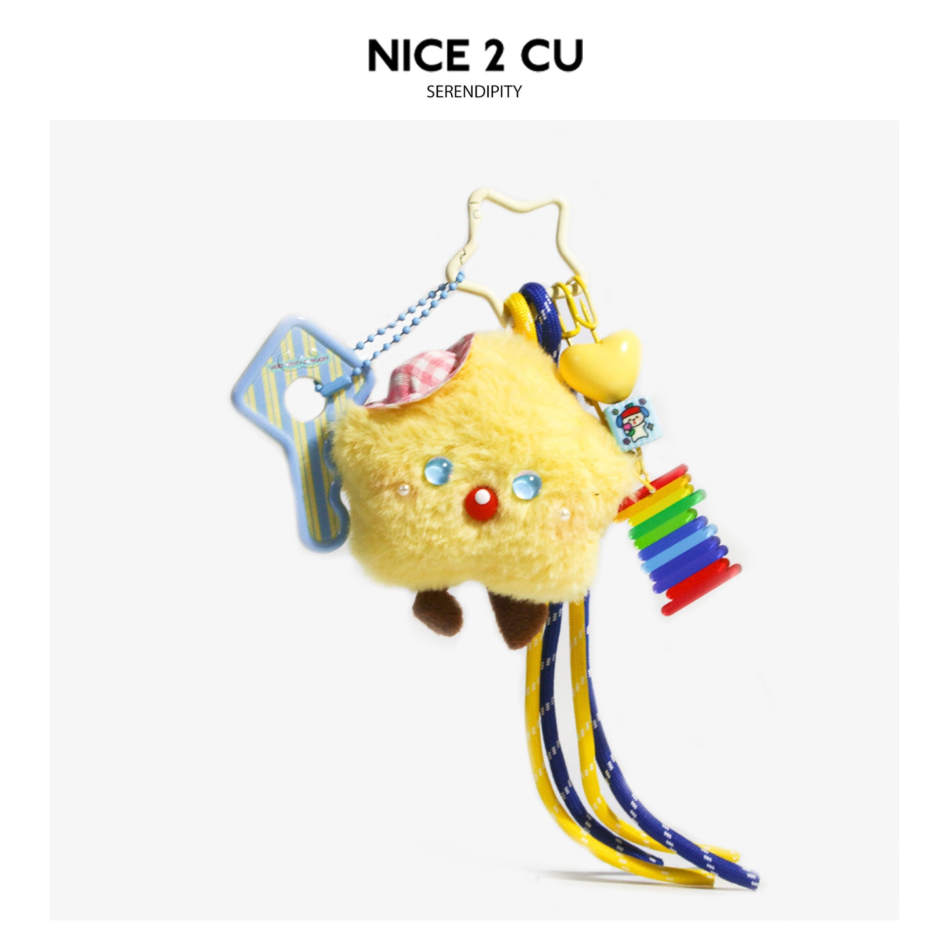 Yellow star plush charm with pink checkered hat, striped star tag, yellow heart charm, and blue and yellow hanging cords