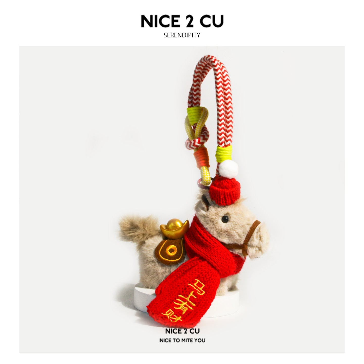 Light brown plush horse charm with red knitted wrap and gold embroidered wealth characters – wrist strap
