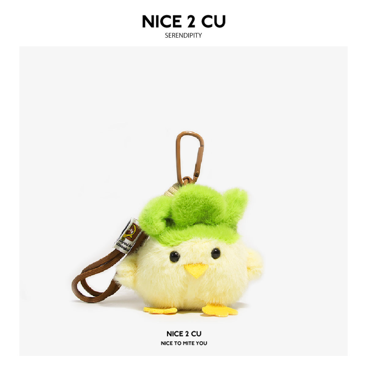 Yellow fluffy plush chick keychain charm with green hat and brown cord clip attachment