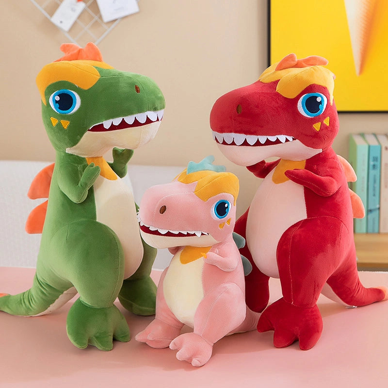 Three ZoDoll T Rex Plush Dinosaur Soft Stuffed Animal Toys—green, pink, and red, each 40cm or 50cm—are displayed upright on a light surface in a brightly lit room.