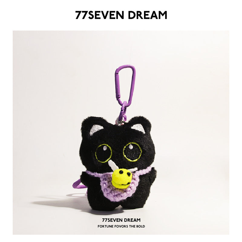 Black cat plush charm with purple crocheted bee-front panel and small yellow bee motif, purple carabiner