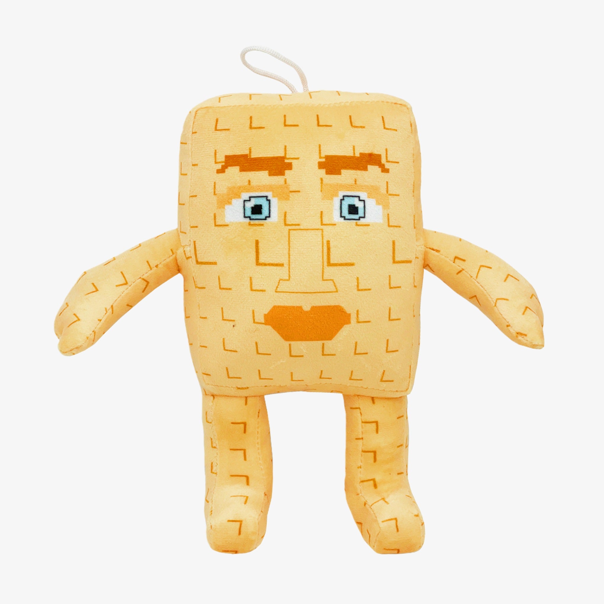 The Steal a Brainrot Inspired Beige Square Character Plush Toy features a pixelated face, two arms, two legs, and a white loop on top. This 9.1-inch collectible minimalist plush doll is perfect for fans and collectors alike.