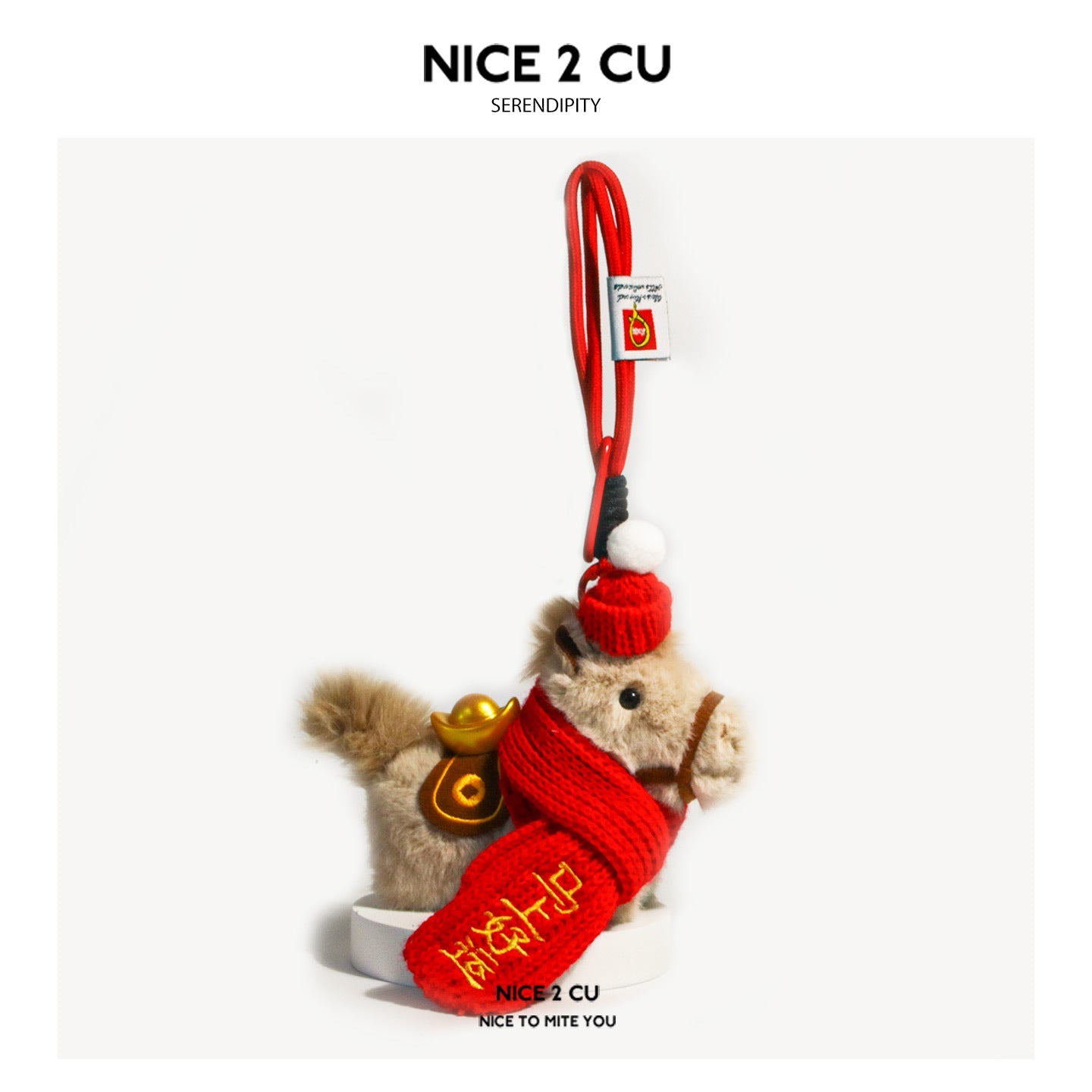 Light brown plush horse charm with red scarf and hook-style hanging cord – good luck clip version