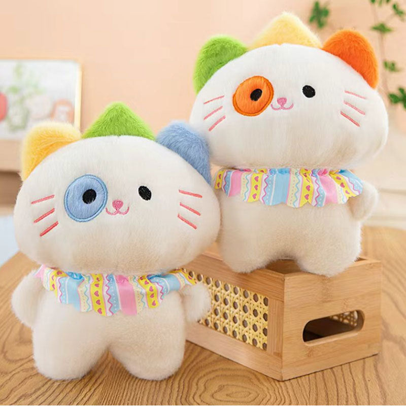 The ZoDoll Adorable 8.7" Cute Cat Plush Toys feature soft kawaii kittens with colorful ears, collars, and a round patch over one eye—random eye color—perfect stuffed animals to display or add to any collection.