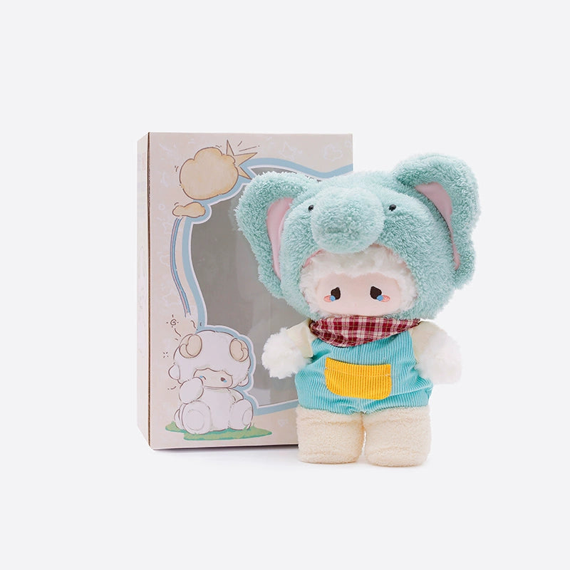 The ZEIO Elephant Plush Toy 29cm is a soft stuffed animal in a cozy blue costume with red checkered scarf and shorts, standing before its illustrated box—a charming nursery décor piece.