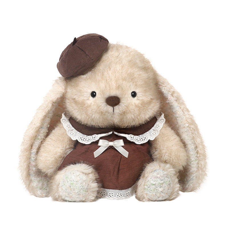 The JOOKI 35cm Cute Bunny Plush Toy features a soft stuffed rabbit in a brown dress with white lace collar and matching beret, perfect for girls. This charming doll adds a touch of elegance to any room.