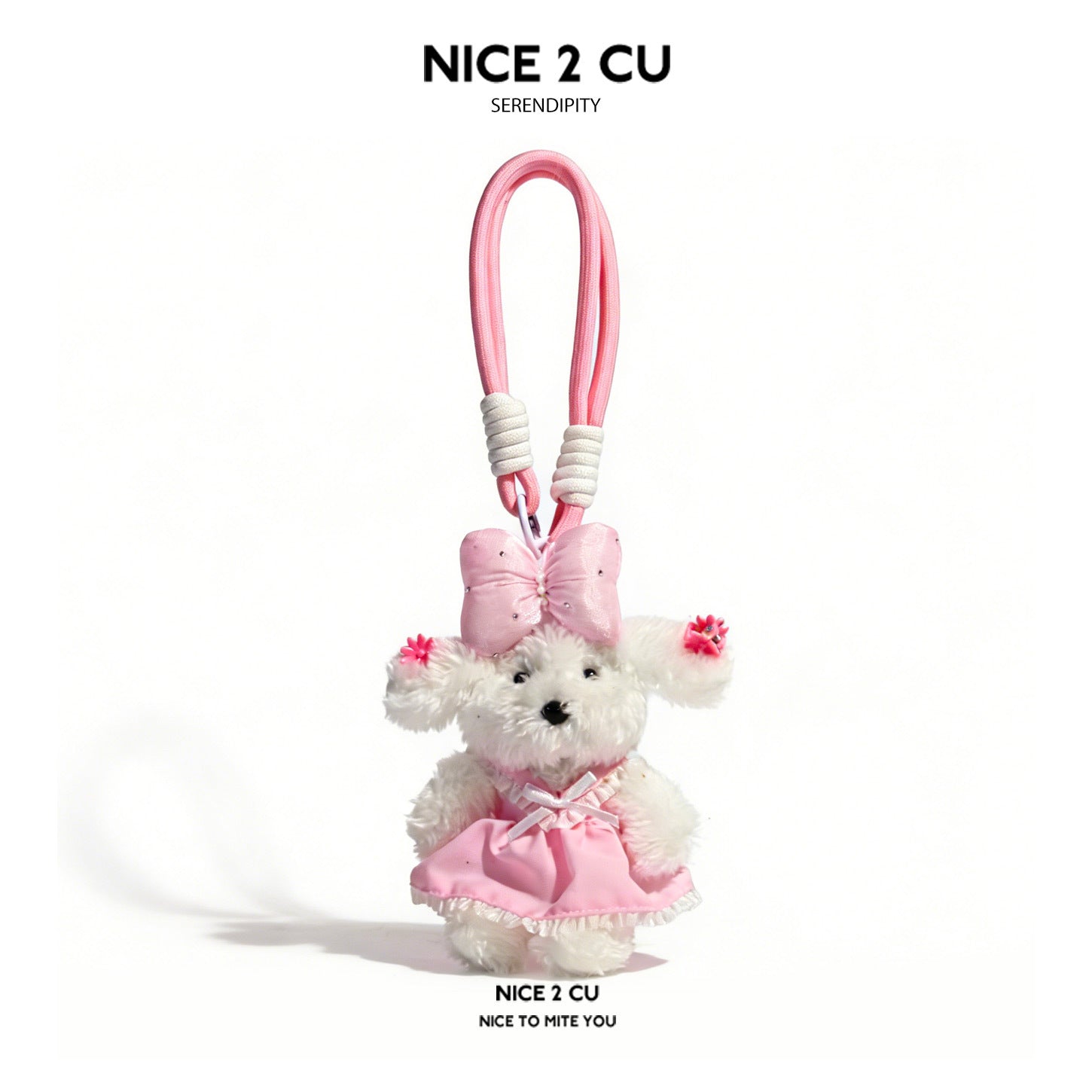White plush dog charm in pink princess dress with large pink bow and pink beaded hanging loop