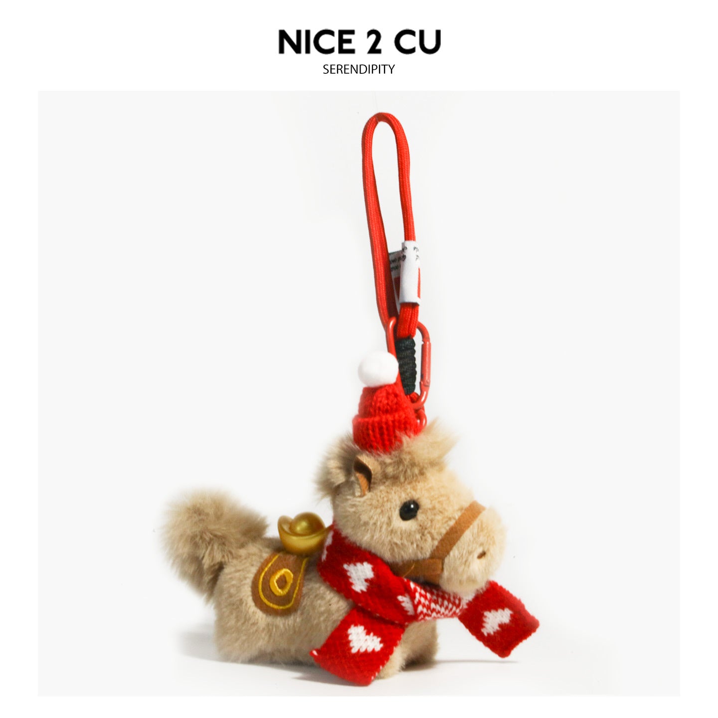 Chibi plush brown horse charm wearing a red knitted hat and heart-pattern red-white scarf with gold ingot accent and red cara