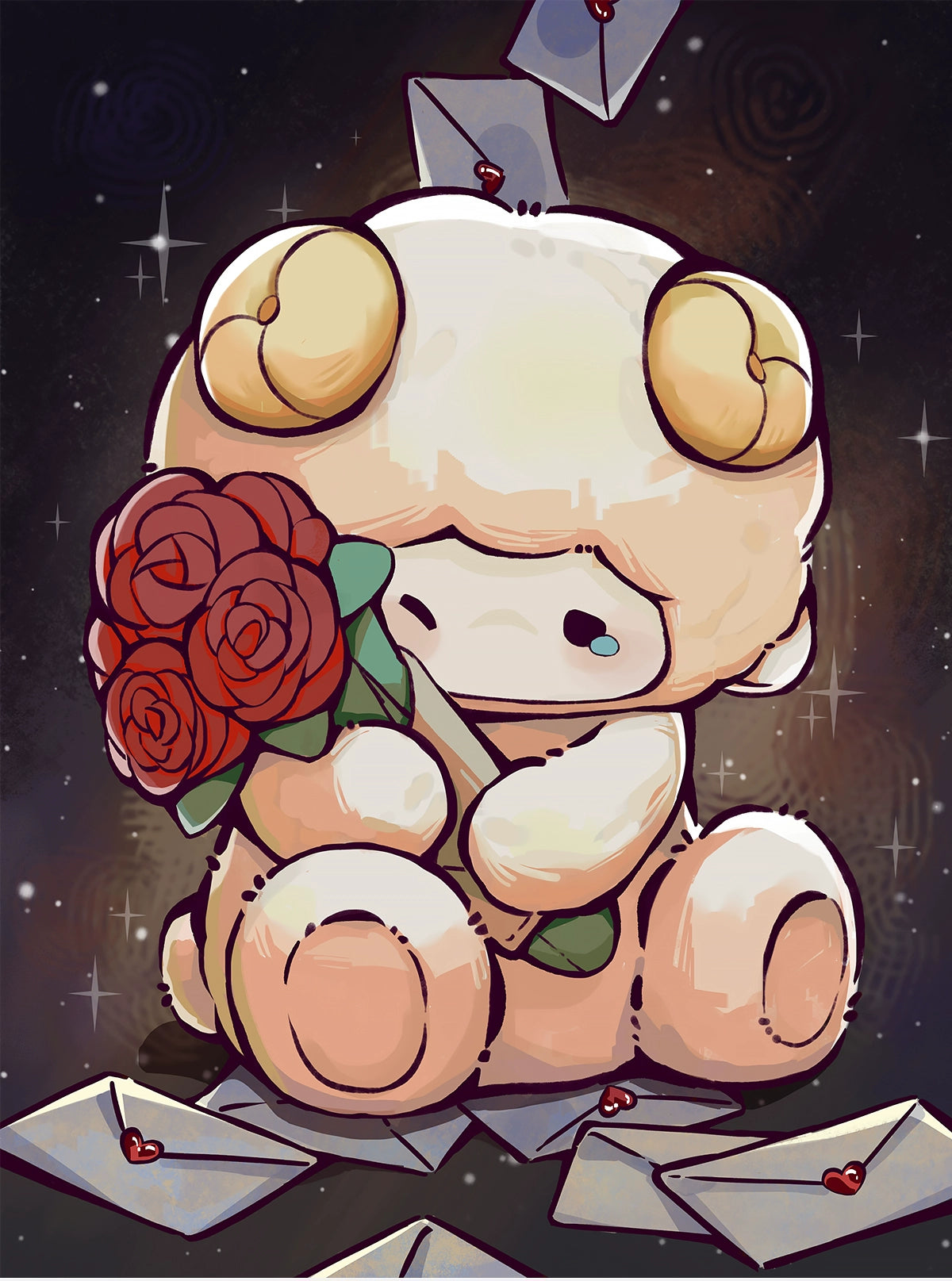 The ZEIO Rose-holding Lamb Plush Toy 29cm, an adorable sheep doll with red roses, sits among scattered love letters and a tiny tear on its cheek against a starry background—a charming Valentine’s gift scene.