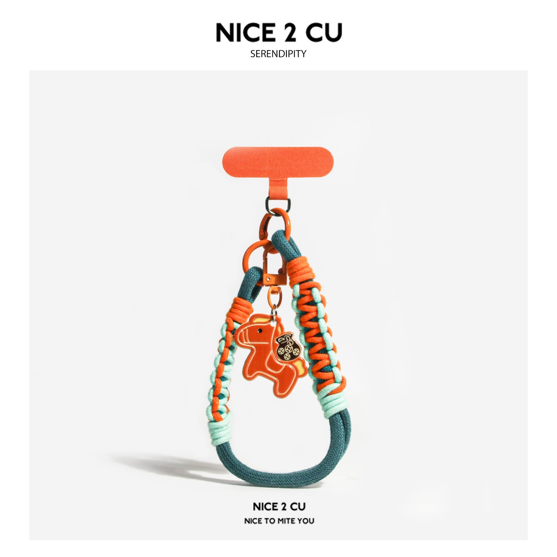 Orange teal and mint green braided wrist strap with orange horse charm pendant and T-bar clip