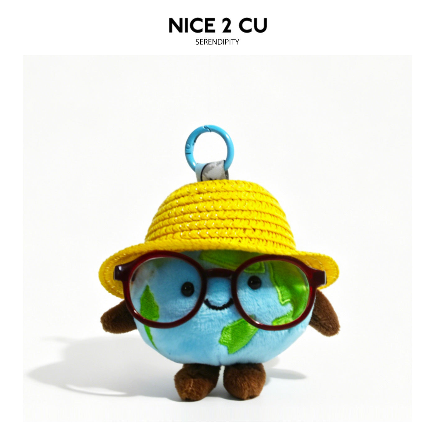 Kawaii Earth globe plush charm wearing a yellow woven sun hat and burgundy round glasses with blue carabiner clip