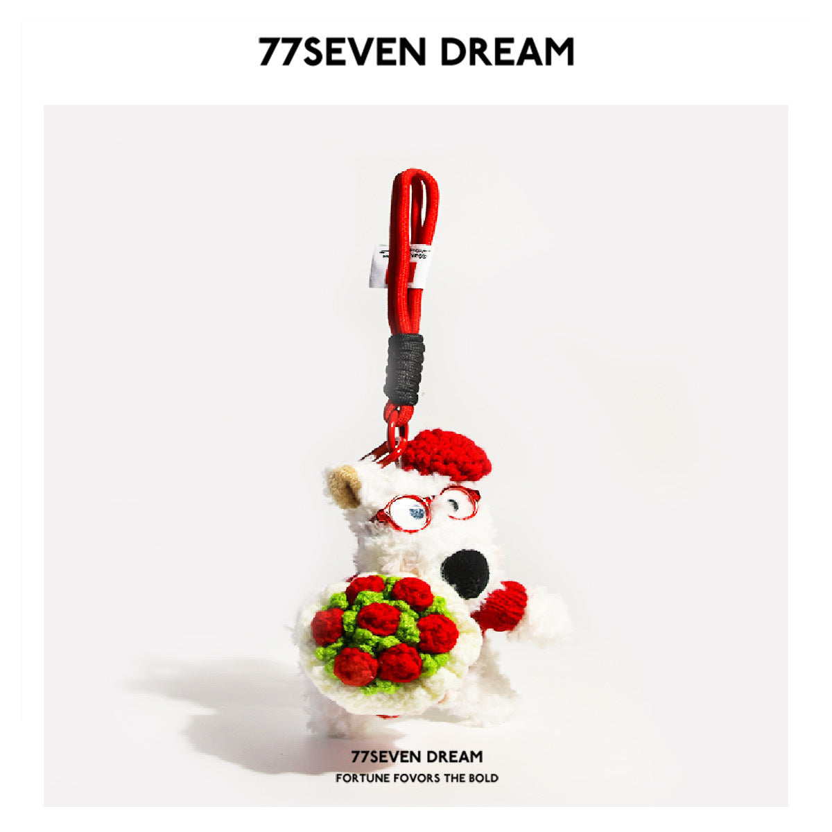 White West Highland Terrier plush keychain wearing red glasses and holding a red knitted flower bouquet with green leaves