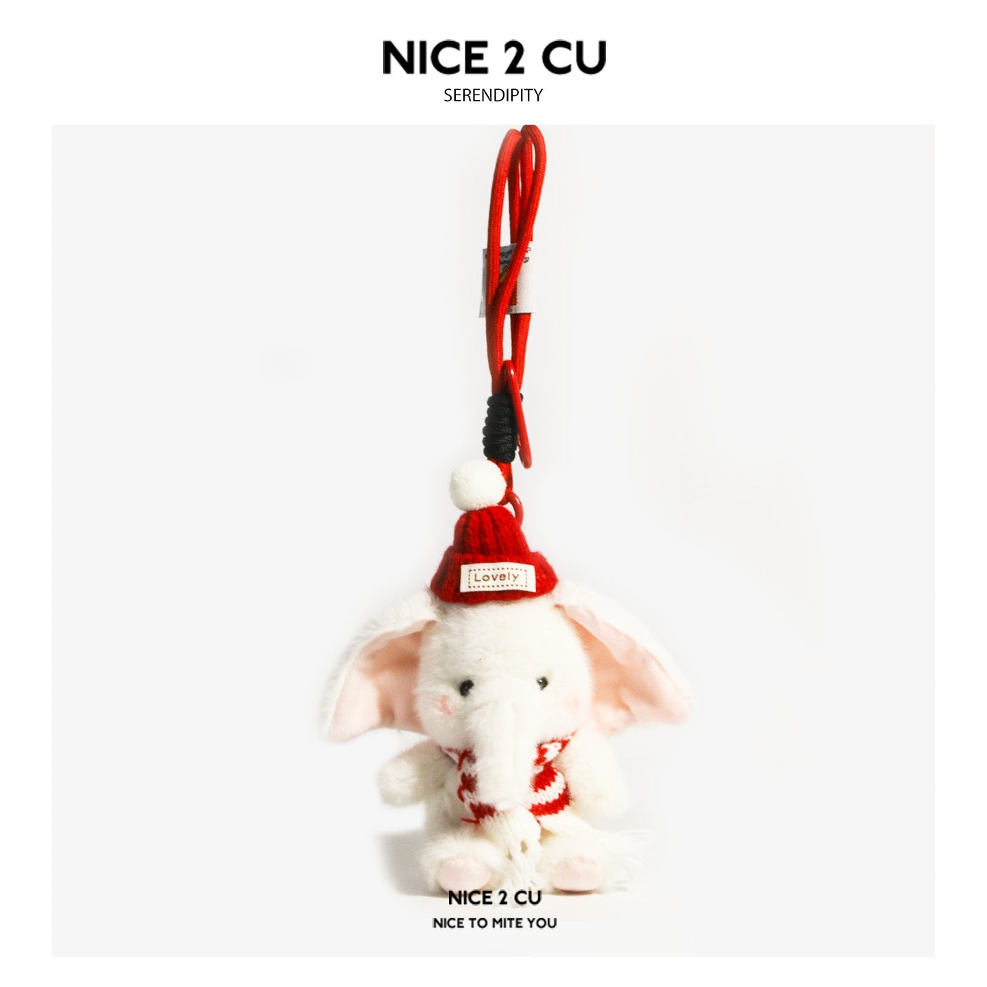 White and red plush elephant bag charm with red knitted hat, white pompom, and striped scarf