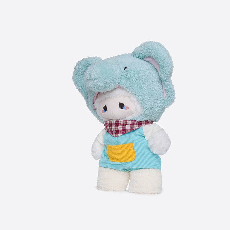 The ZEIO Elephant Plush Toy 29cm is a soft stuffed animal with a blue hood, blue shirt, yellow pocket, and red plaid scarf—perfect as cute nursery décor or a cuddly companion for kids.