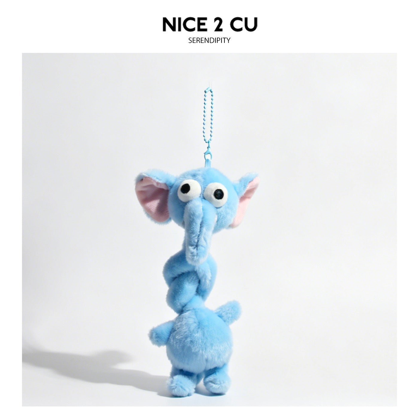Blue elephant plush keychain charm with long neck, pink inner ears, and trunk