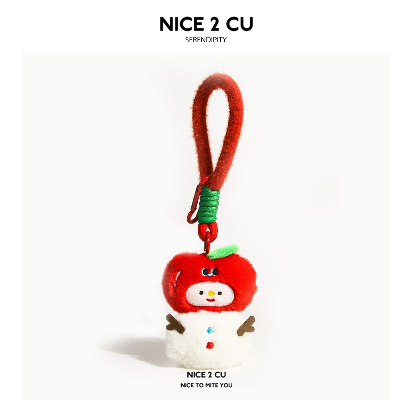 Apple snowman plush charm with red apple top, green leaf, and white snowman base on a red clip loop